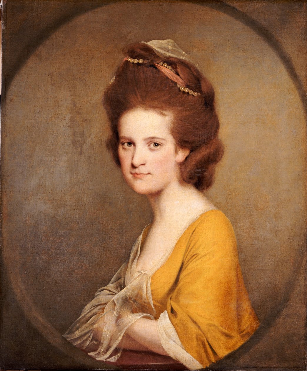 Retrato de Dorothy Hodges, metade do comprimento, em um vestido amarelo de Joseph Wright of Derby