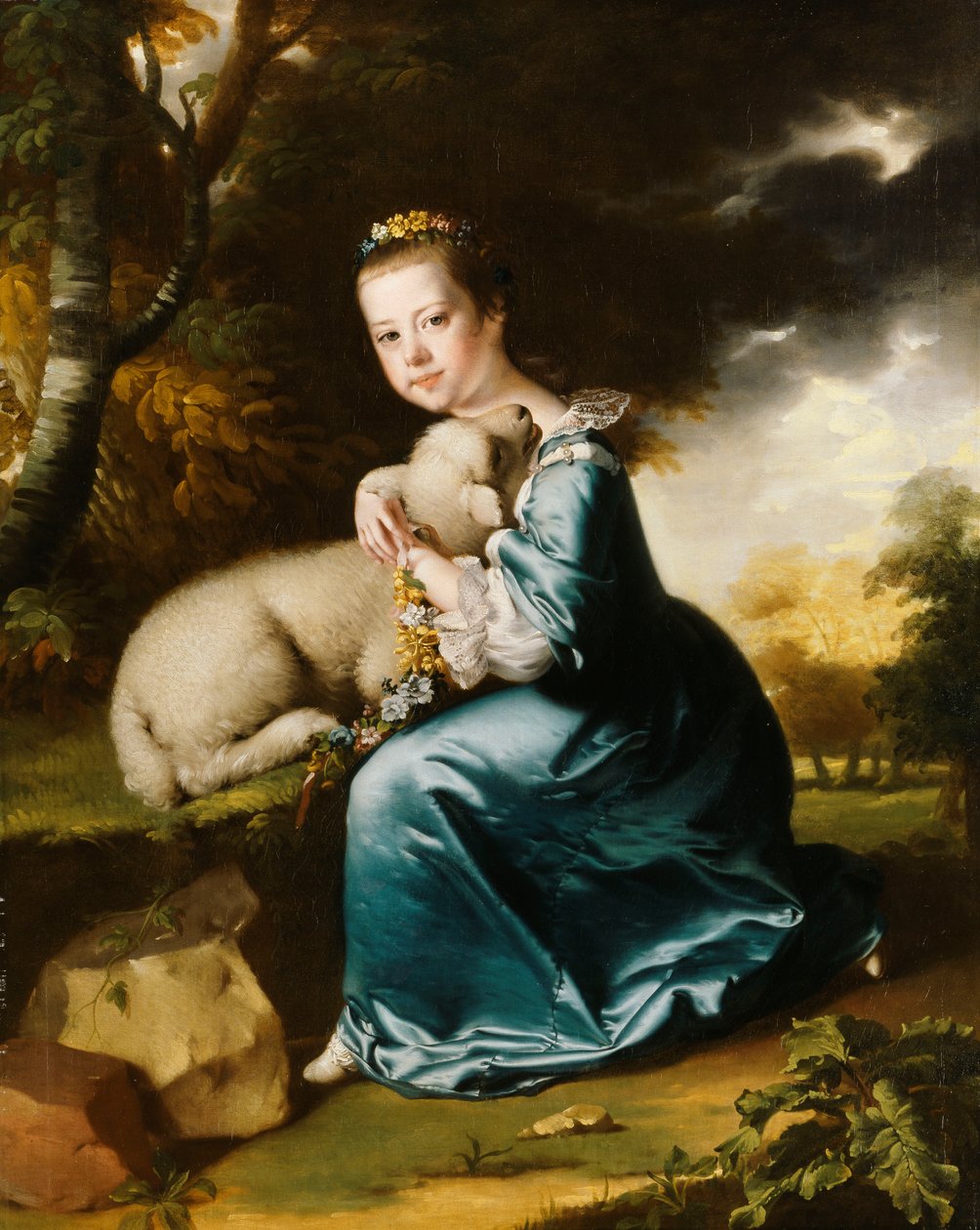 Retrato de Miss Frances Warren, ajoelhada em um parque arborizado, usando um vestido azul e segurando um cordeiro, de Joseph Wright of Derby