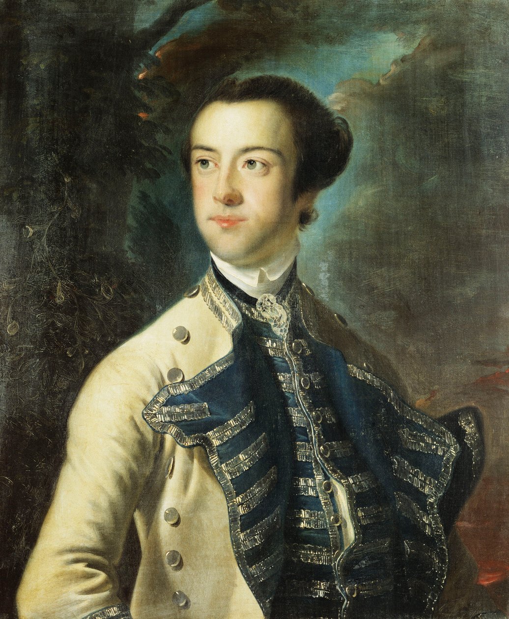 Retrato de Thomas Hanway, meio comprimento, em um casaco bege com faces azuis e prateadas e um colete azul e prata, segurando um chapéu debaixo do braço, em uma paisagem, de Joseph Wright of Derby