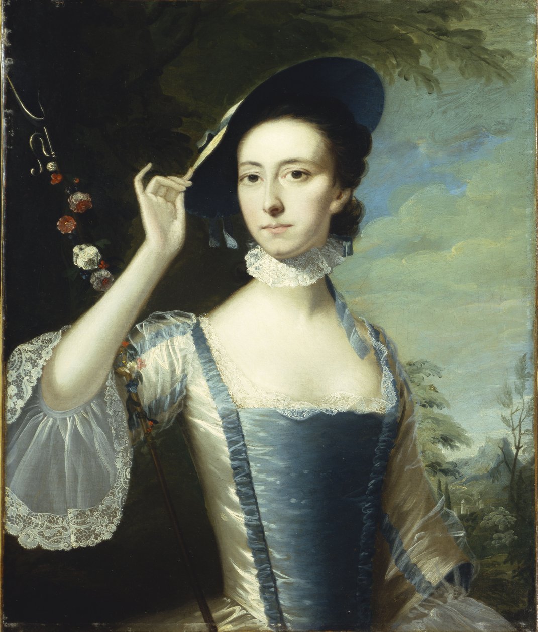 Retrato de uma senhora por uma guirlanda de flores, em uma paisagem de Joseph Wright of Derby