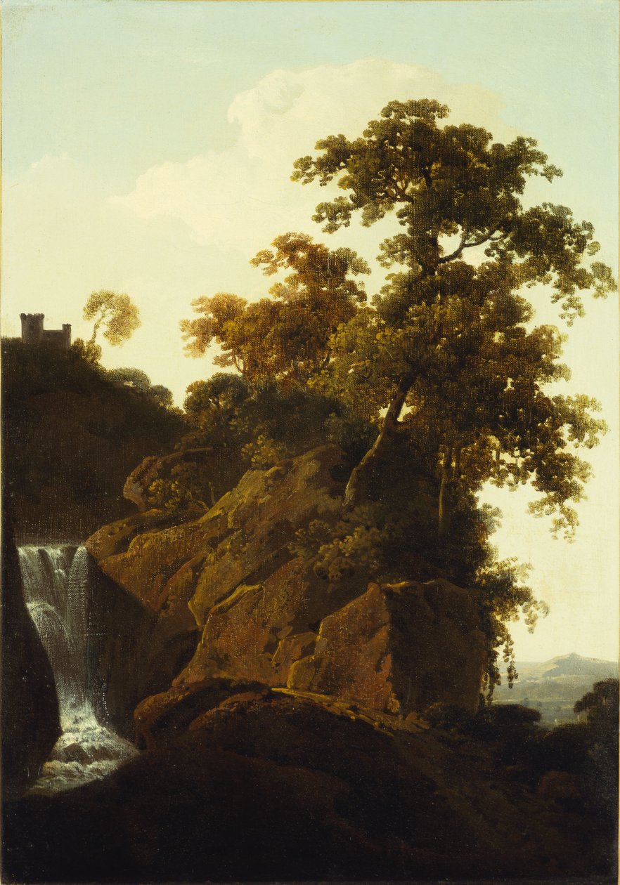 Paisagem rochosa com uma cachoeira de Joseph Wright of Derby