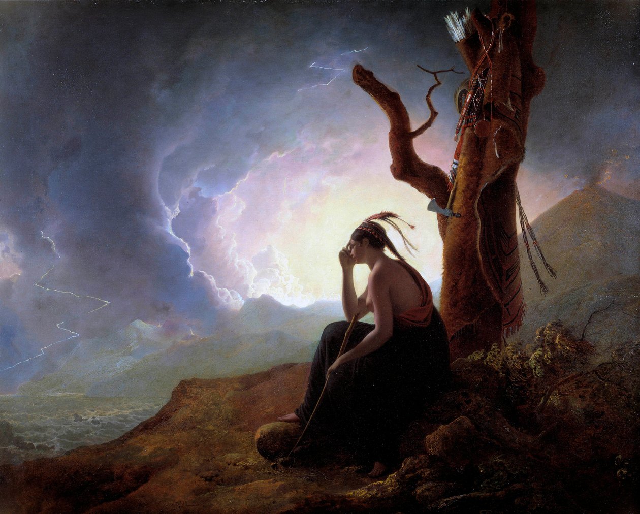 A viúva de um chefe indiano cuidando das armas do marido Pintura de Joseph Wright de Derby (1734-1797) 1785 Derby, museu Derby de Joseph Wright of Derby