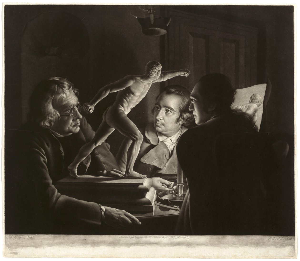 Três pessoas vendo o gladiador à luz de velas, gravada por William Pether, 1769 de Joseph Wright of Derby