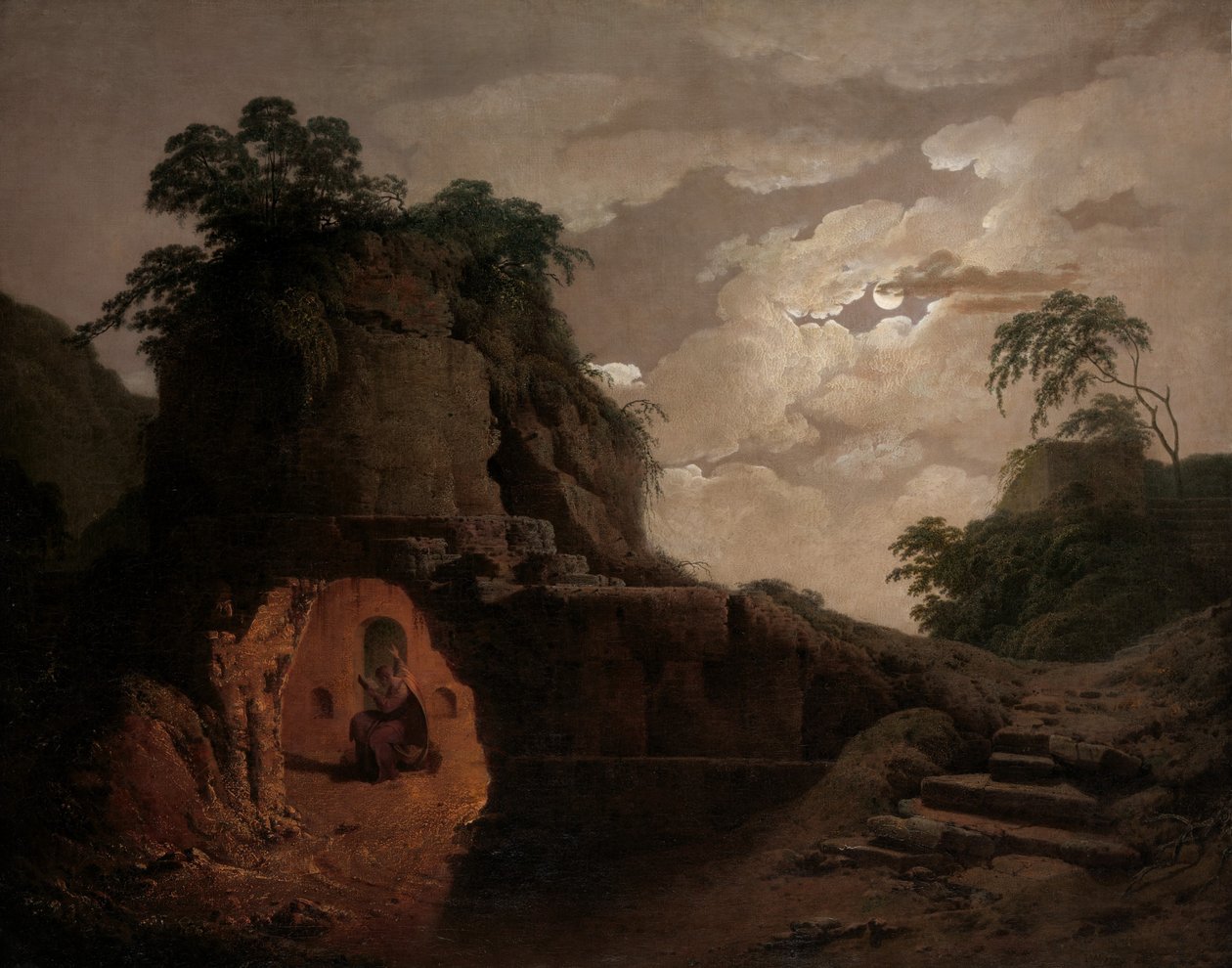 Túmulo de Virgílio ao luar, com Silius Italicus Declaiming, 1779. de Joseph Wright of Derby