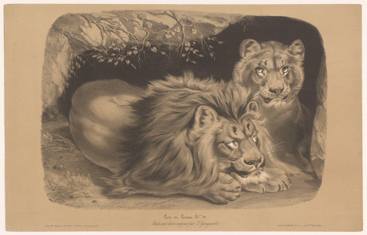 leão e leoa Lion et Lionne (título no objeto) Estudos em animais em dois tipos de giz (título da série) Etude aux deux crayons par Z. Gengembre (título da série no objeto) de Joseph Zephyris Gengembre