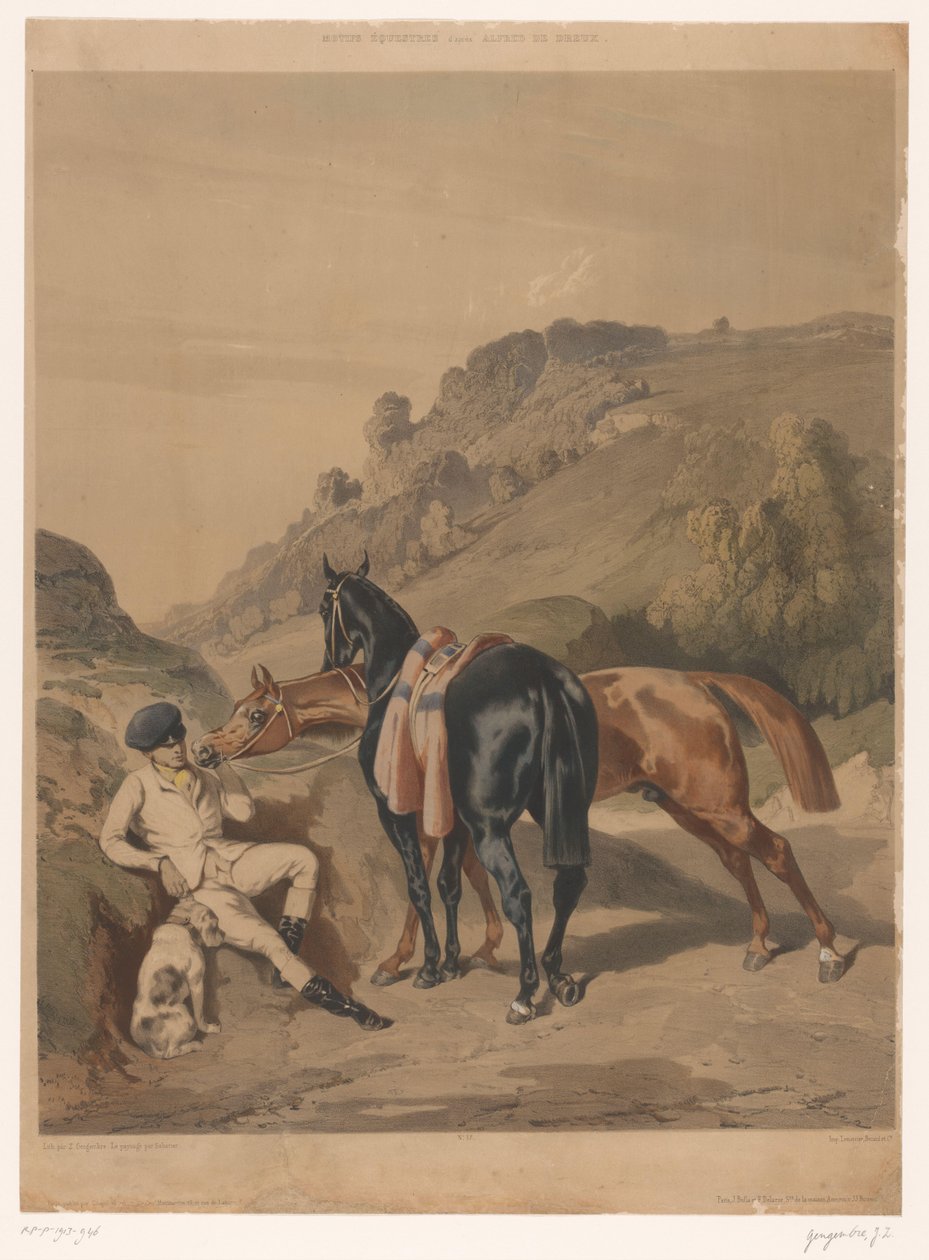 Dois cavalos com cavaleiro em repouso numa paisagem
Cavalos depois de Alfred de Dreux (título da série)
Motifs équestres d