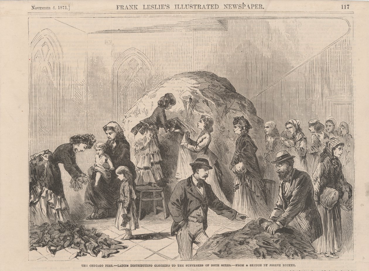 The Chicago Fire: senhoras distribuindo roupas para pessoas de ambos os sexos, ilustração de Frank Leslies Illustrated Newspaper, 1871 de Joseph after Becker
