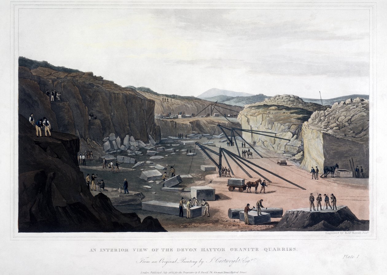 Uma vista interior das pedreiras do granito de Devon Haytor, gravada por Robert Havell (1793-1878) 1825 (aquatint colorido) de Joseph after Cartwright