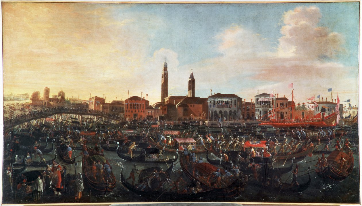 Festa do fresco" no dia da ascensão em Murano, Veneza" Abadia de San Cipriano à direita e igreja santo Stefano no centro, desapareceu hoje (A festa do "Fresco" no dia da Ascensão em Murano, Veneza) Pintura de Jo de Joseph the younger Heintz