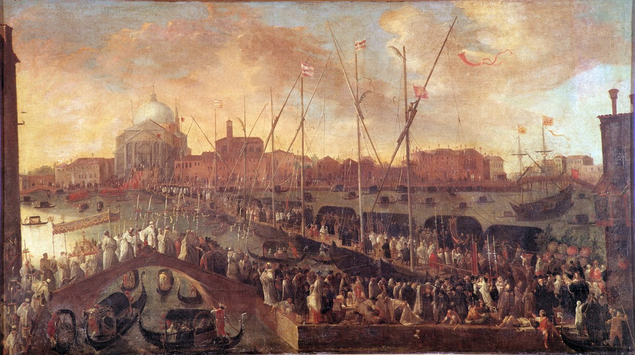 Procissão no Dia da Festa do Redentor É construída uma ponte temporária para a Igreja do Redentor de Veneza para comemorar as vítimas da Grande Peste de 1575-1576 - Pintura de José Heintz o Jovem (1600-1678) Século XVII - Musei Civici de Joseph the younger Heintz