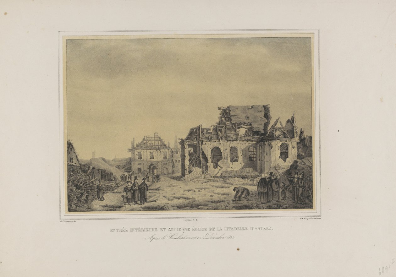 Poort en kerk in de Citadel van Antwerpen, 1832 Entrada interior e antiga igreja da Cidadela de Antuérpia. Após o bombardeio em dezembro de 1832 (título no objeto) Álbum de sete vistas das Ruínas do interior da Cidadela de Antuérpia (título da série) de Joseph van den Nest