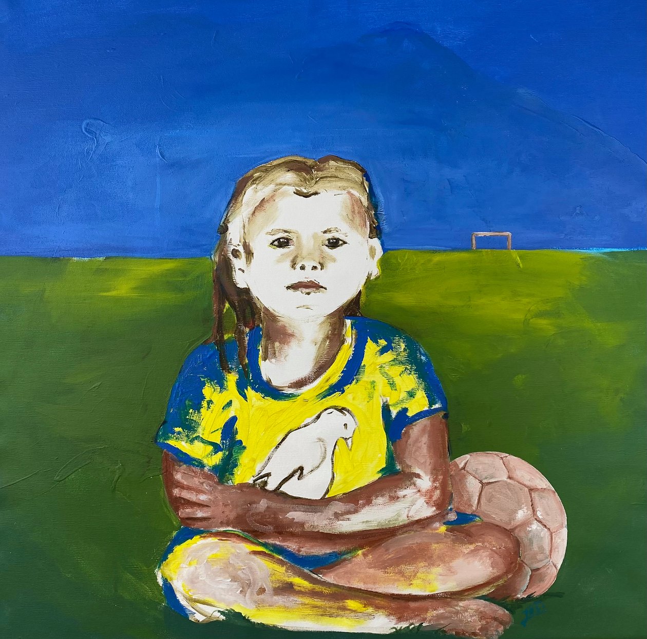 Mädchen mit Taube (Rapariga com pomba), 2022 (tinta acrílica sobre tela) de Josephine Henning