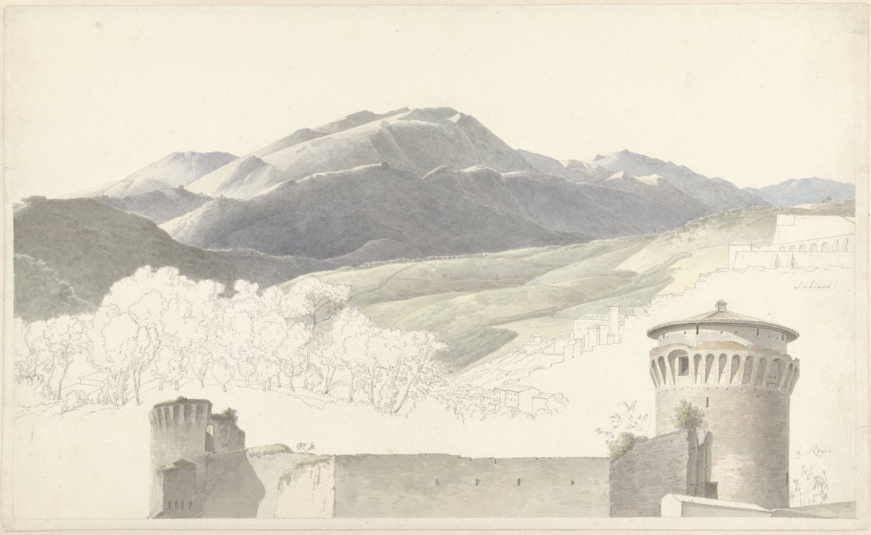 Paisagem em Subiaco e construção em Roma de Josephus Augustus Knip