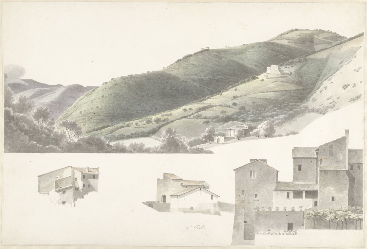 Paisagem e algumas casas perto de Tivoli de Josephus Augustus Knip