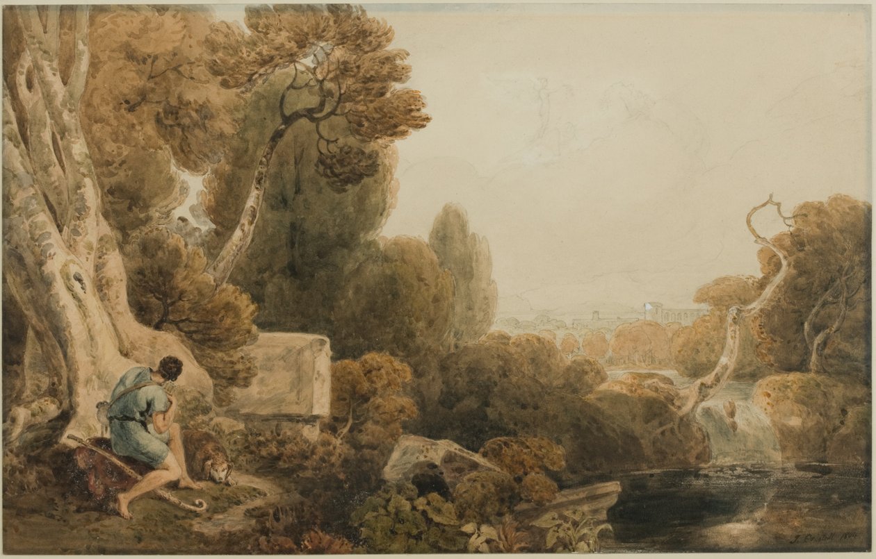 Paisagem Clássica do Amanhecer com Figuras Pastorais e Aurora em Sua Carruagem, 1804 (lápis e wc no papel) de Joshua Cristall