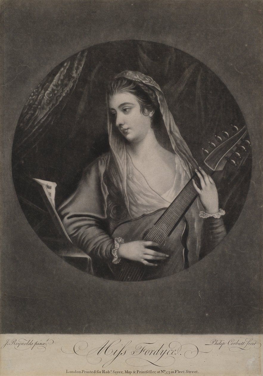 Miss Fordyce, gravada por Richard Purcell (também conhecido como Charles ou Philip Corbutt, fl.1746-66), c.1770 (mezzotint) de Joshua Reynolds