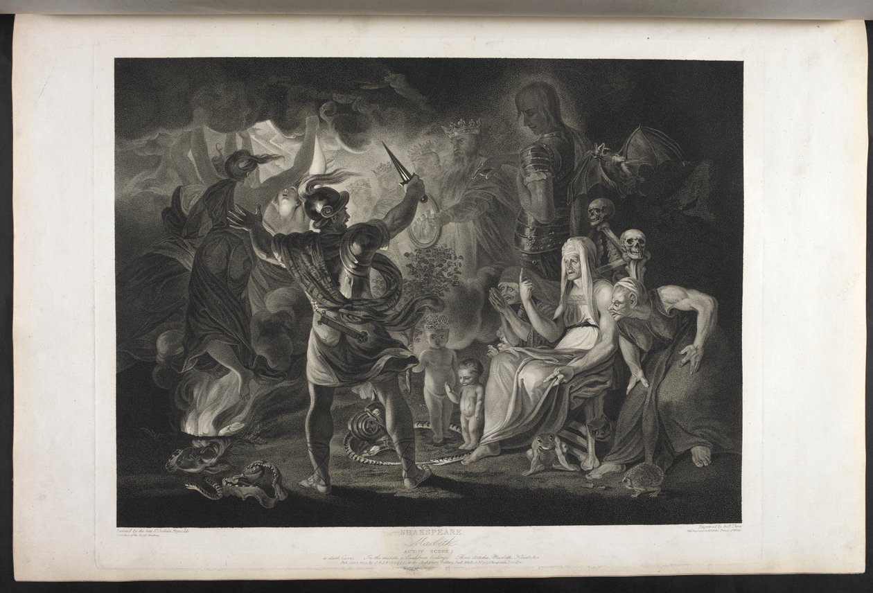 Macbeth.
Ato IV. Cena I.
Uma caverna escura. No meio, um caldeirão a ferver. Três bruxas. Macbeth. Hécate.
Macbeth enfrenta as bruxas e as aparições; a seus pés, dentro de uma serpente enrolada, estão uma criança pequena e ensanguentada e uma criança co de Joshua (after) Reynolds
