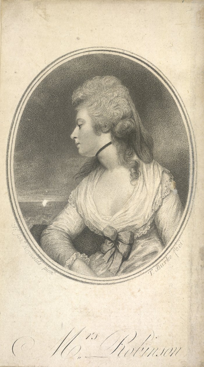 Sra. Robinson. Mary Robinson, nascida Darby, conhecida como Perdita (1758-1800). Atriz, poeta e romancista inglesa. Primeira amante pública do rei Jorge IV, quando este ainda era príncipe de Gales. Retrato, segundo Sir Joshua Reynolds. de Joshua (after) Reynolds