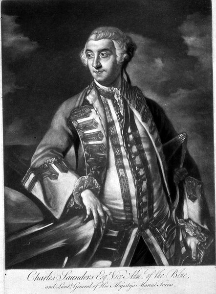 Retrato do Almirante Sir Charles Saunders (c.1713-75) Vice-Almirante da esquadra Azul, gravado por James McArdell (c.1729-65) (gravura) de Joshua (after) Reynolds