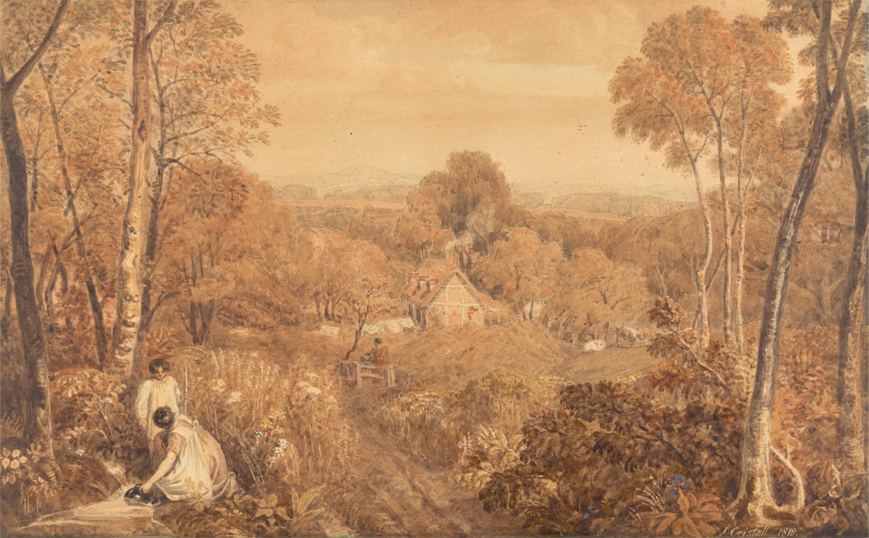 Paisagem arborizada com Cottages e Countrywomen, Hurley, Berkshire de Joshua Cristall