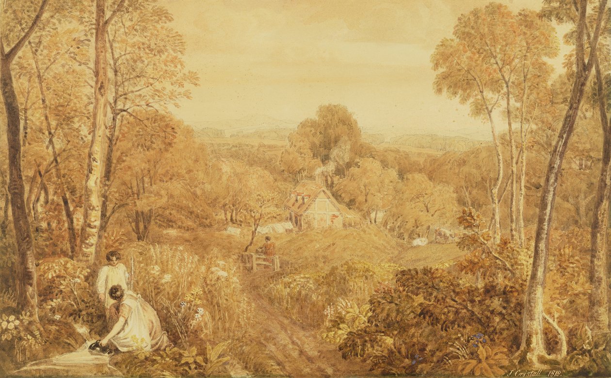 Paisagem arborizada com chalés e camponesas, Hurley, Berks, 1818 (wc sobre grafite sobre papel) de Joshua Cristall