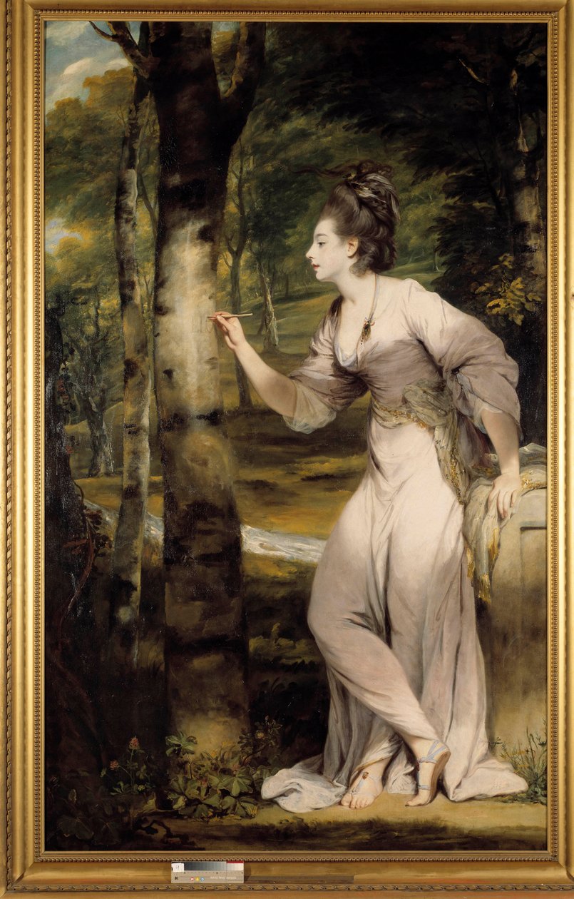 Uma mulher de grande elegância dá um nome em um tronco de árvore em um ambiente romântico. Pintura de Joshua Reynolds (1723-1792). Século XVIII. Retrato completo da Sra. Lloyd: Uma mulher elegante esculpe um nome no tronco de uma árvore em um ambiente româ de Joshua Reynolds