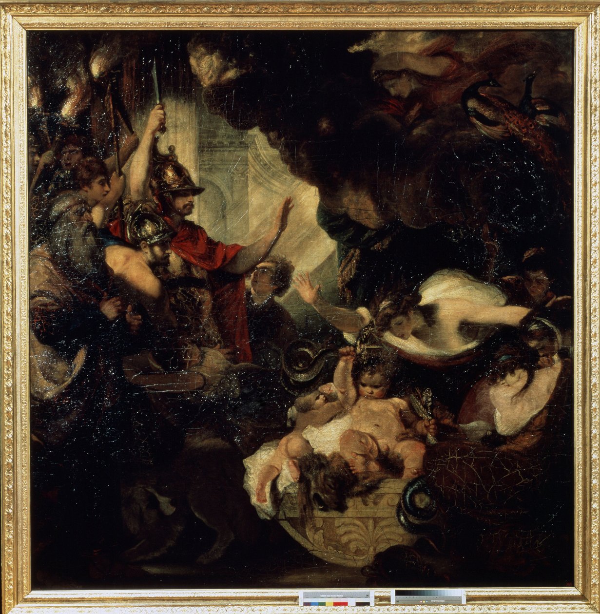 O Infante Hércules estrangulando as Serpentes Entre os personagens representados: o vidente Tirésias (esquerda) e a deusa Juno (Hera) com pavões (canto superior direito). Pintura de Sir Joshua Reynolds (1732-1792) de Joshua Reynolds