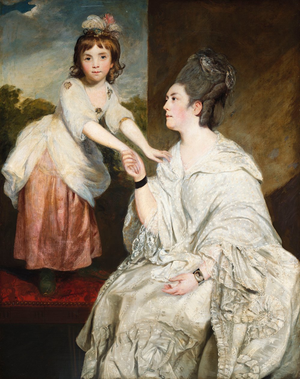 Retrato da Sra. Sarah Otway, em traje branco com a filha Jane diante de uma janela de Joshua Reynolds