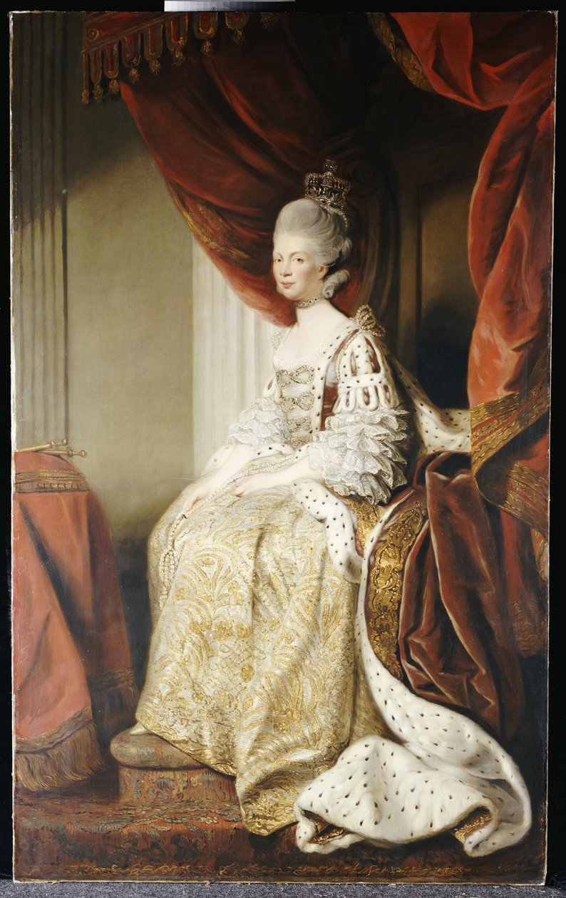 Retrato da rainha Charlotte, de corpo inteiro, sentado em vestes de estado de Joshua Reynolds