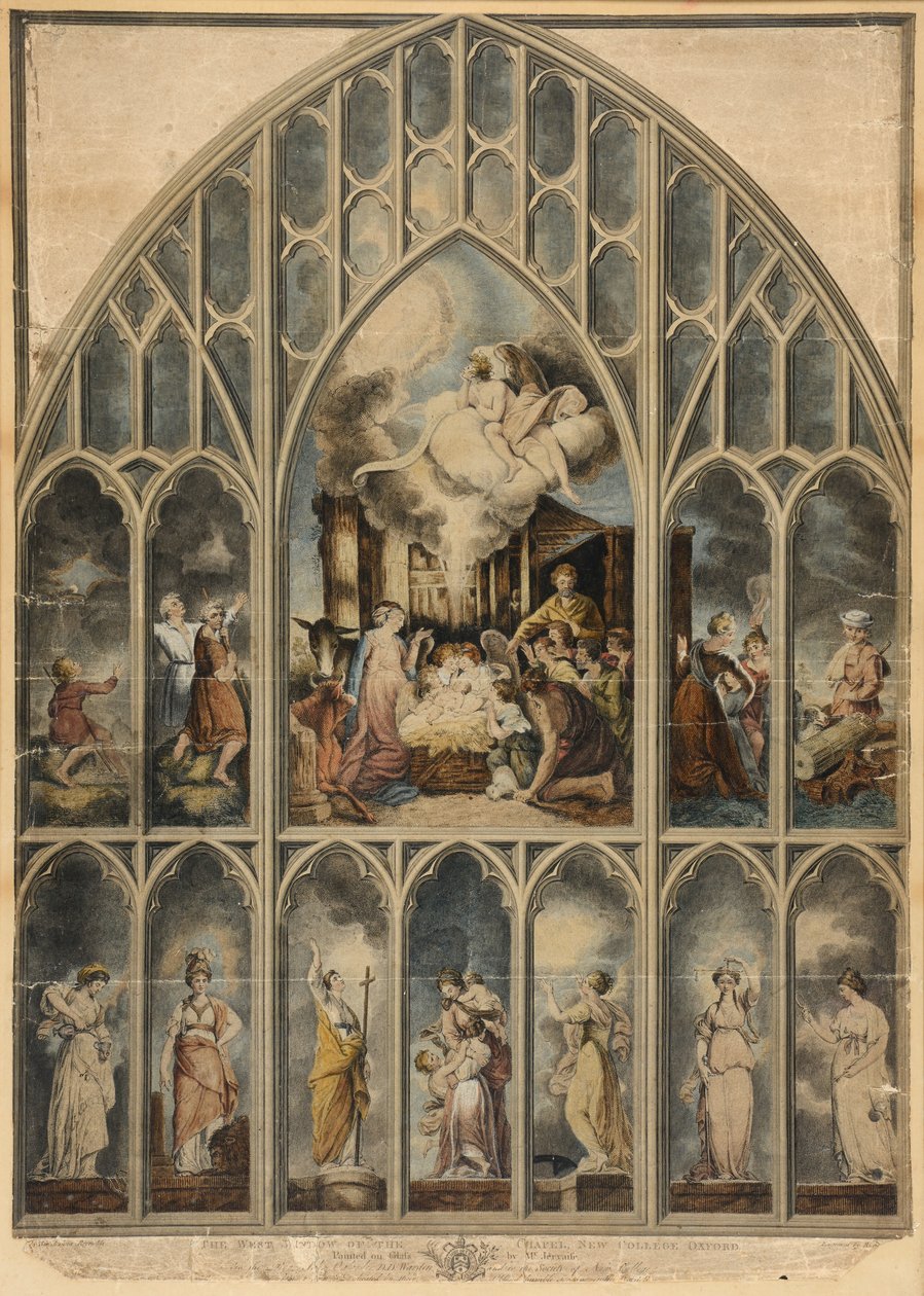 A janela de Reynolds retratando as sete virtudes (gravura colorida à mão) de Joshua Reynolds