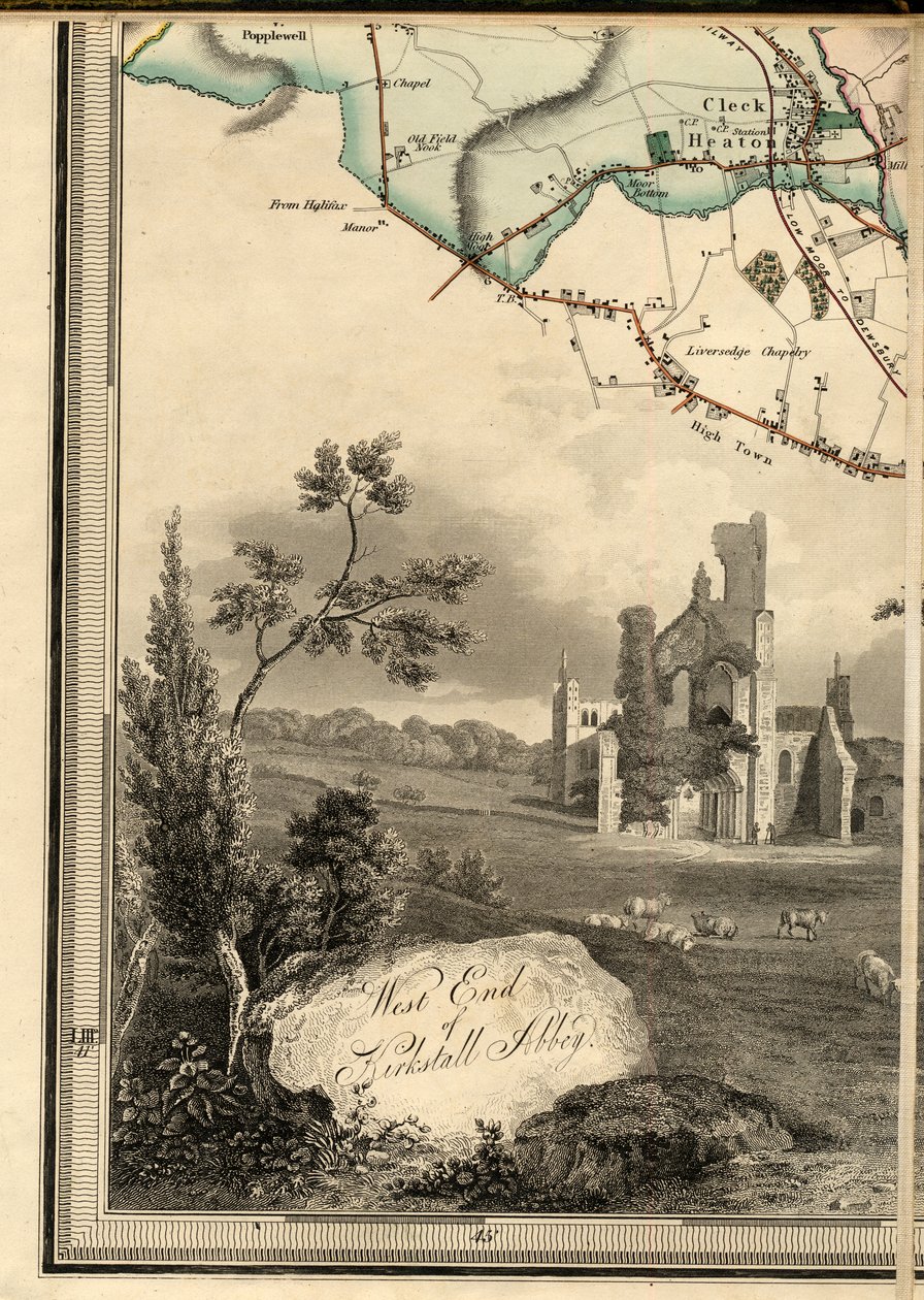 D1, Cleckheaton e gravura da extremidade oeste de Kirkstall Abbey de Joshua Thorp