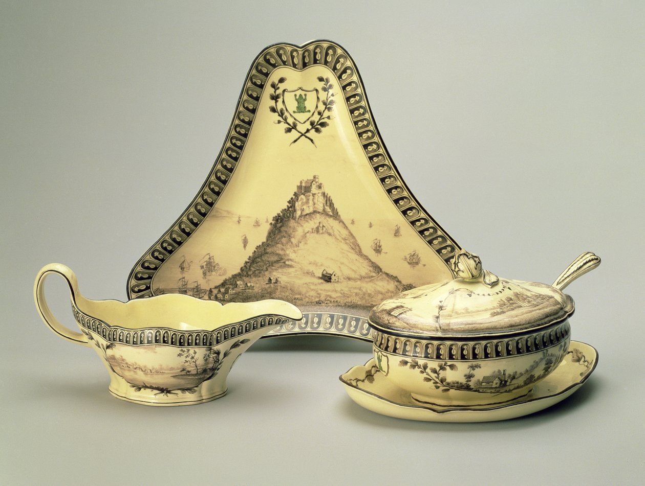 Tigela coberta e colher, prato triangular e sauceboat, do serviço &39;Green Frog&39; para a fábrica Etruria, Staffordshire, 1773-74 (creamware) de Josiah Wedgwood