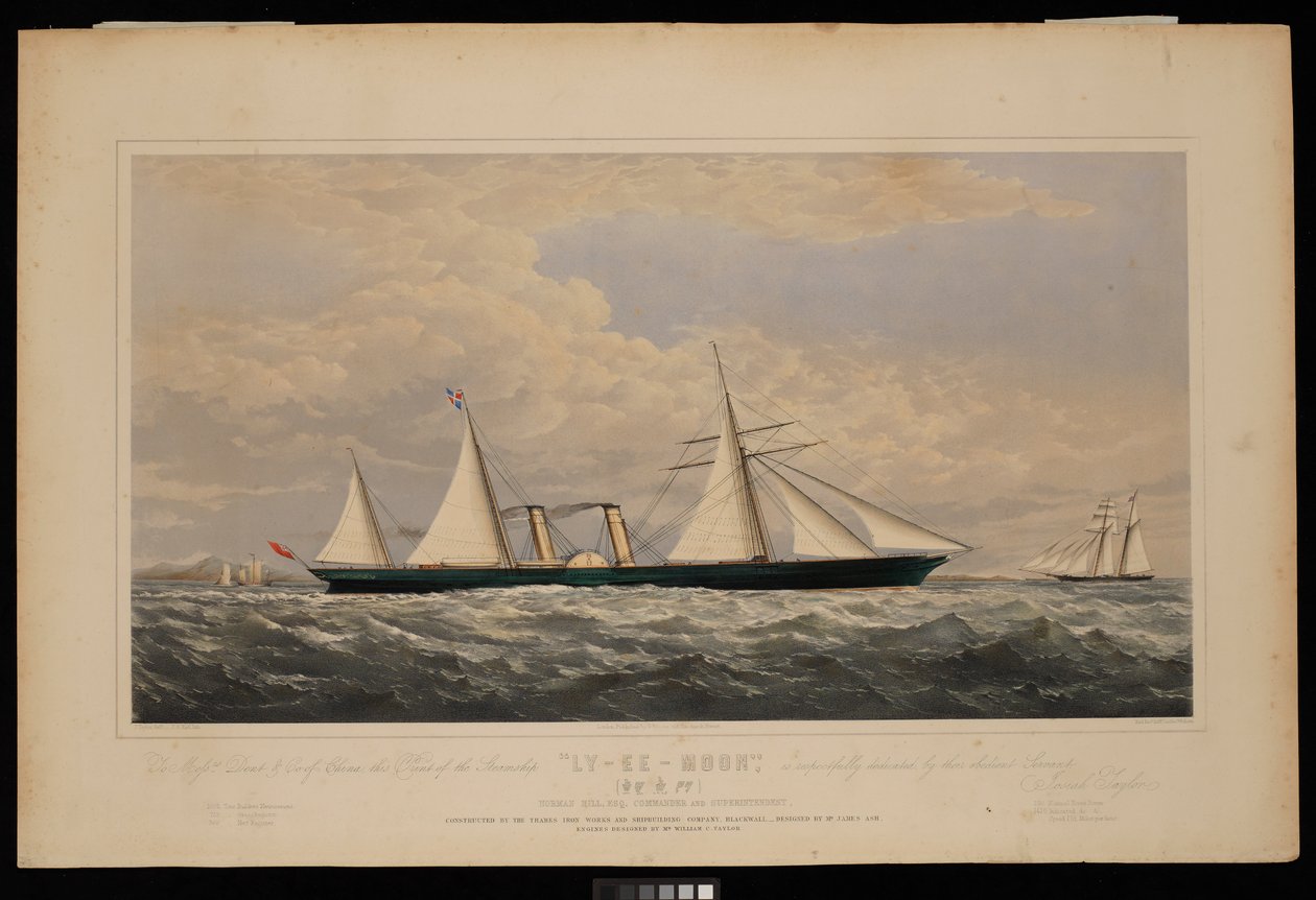Para Messrs Dent  Co of China, esta impressão do navio a vapor Ly-Ee-Moon, Norman Hill, Esqr Commander.... construído pela Thames Iron Works and Shipbuilding Company, Blackwall...,, c.1860 (litografia, colorida) de Josiah Taylor
