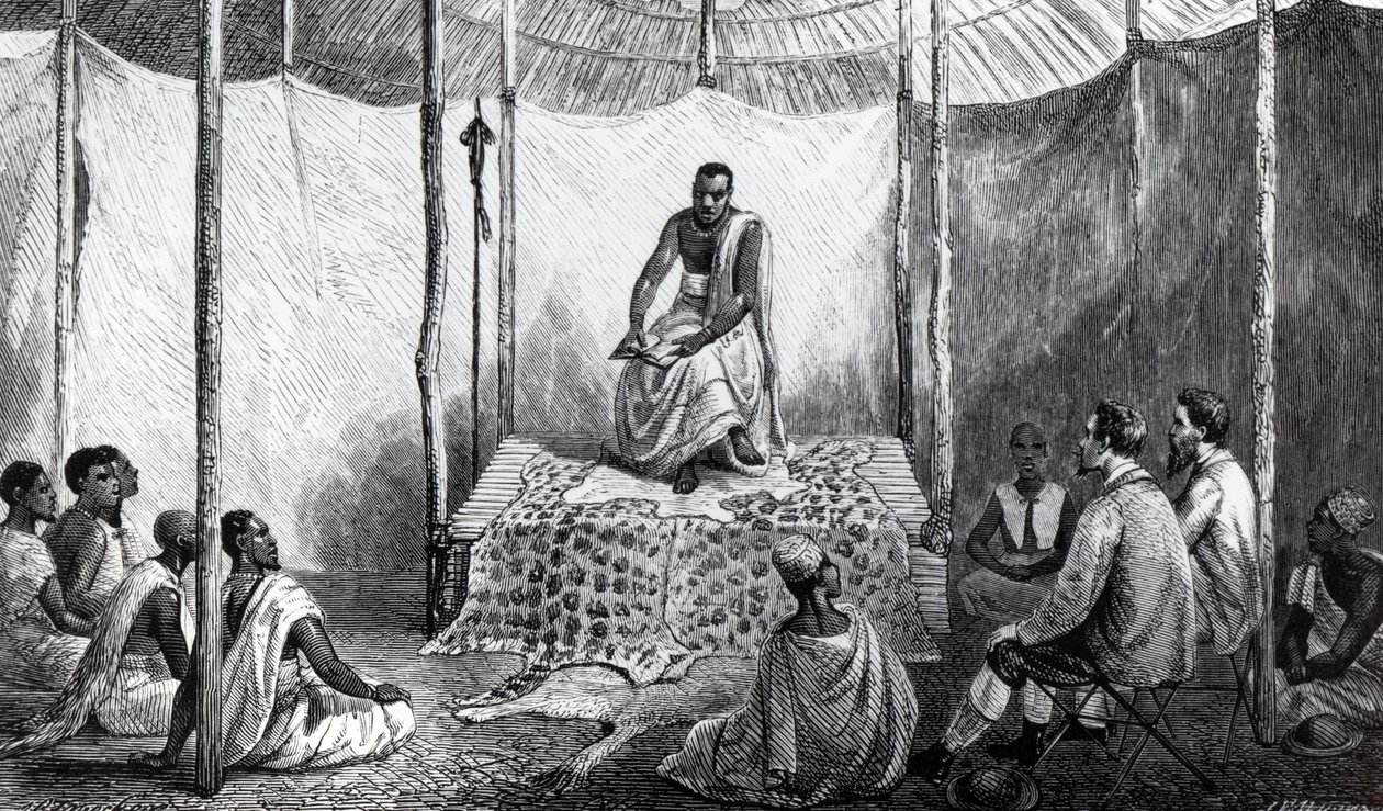 Primeira Lição de Kamrasi na Bíblia, ilustração de "Um Jornal da Descoberta da Fonte do Nilo", de John Hanning Speke, publicada em 1864 de Josiah Wood Whymper