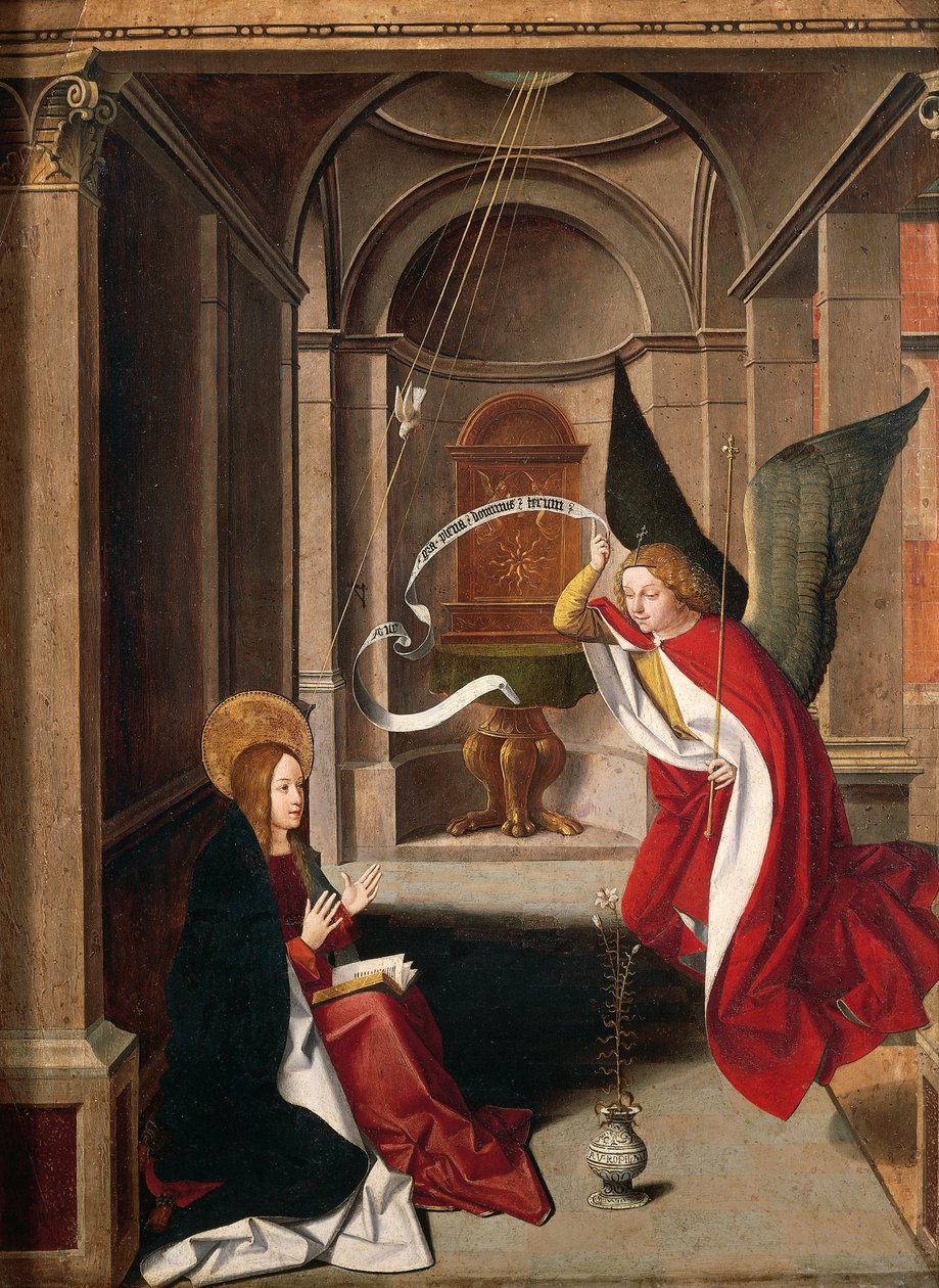Anunciação, por Josse Lieferinxe (falecido antes de 1508), detalhe de Josse (fl.1493 1508) Lieferinxe
