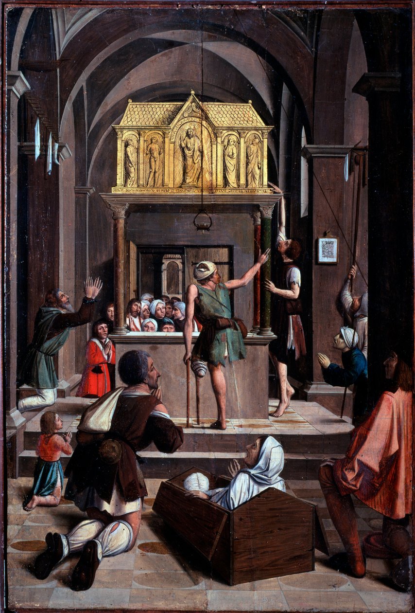 Vida de São Sebastião: peregrinos sobre o túmulo de São Sebastião - óleo sobre madeira de Josse (fl.1493 1508) Lieferinxe