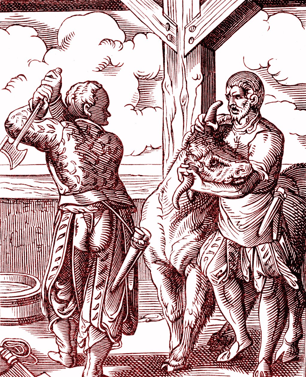 Um talhante - Comida e cozinha na Idade Média. Gravura de Jost Amman (1539-1591). Gravura de 1878 de Jost (after) Amman
