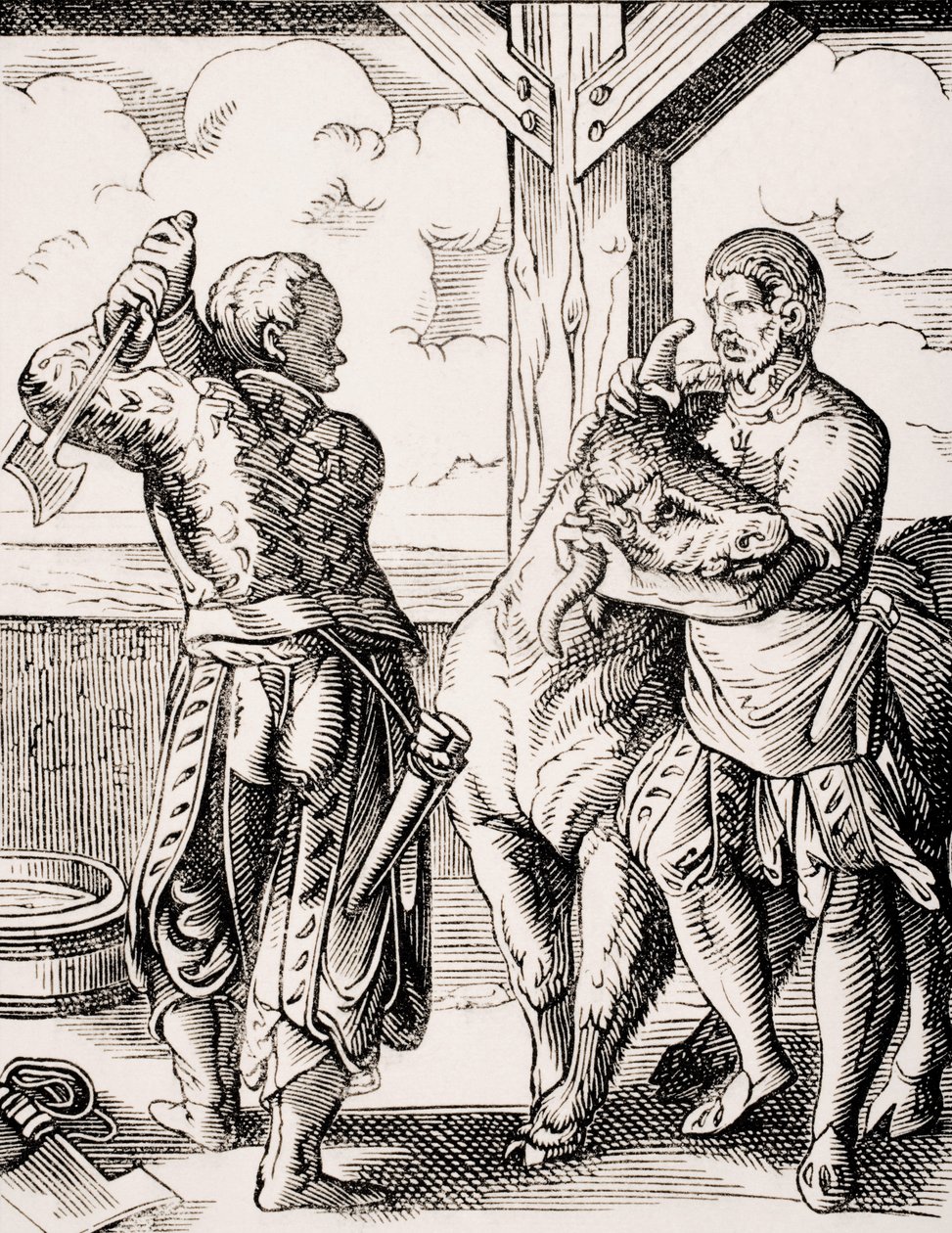 O Carniceiro e o seu assistente, reprodução de uma gravura do século XVI de Jost Amman (1539-91) de 