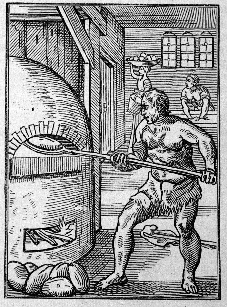 Um padeiro a cozer pão no forno. Gravura de Jost Amman (1539-1591) Século XVI. de Jost Amman