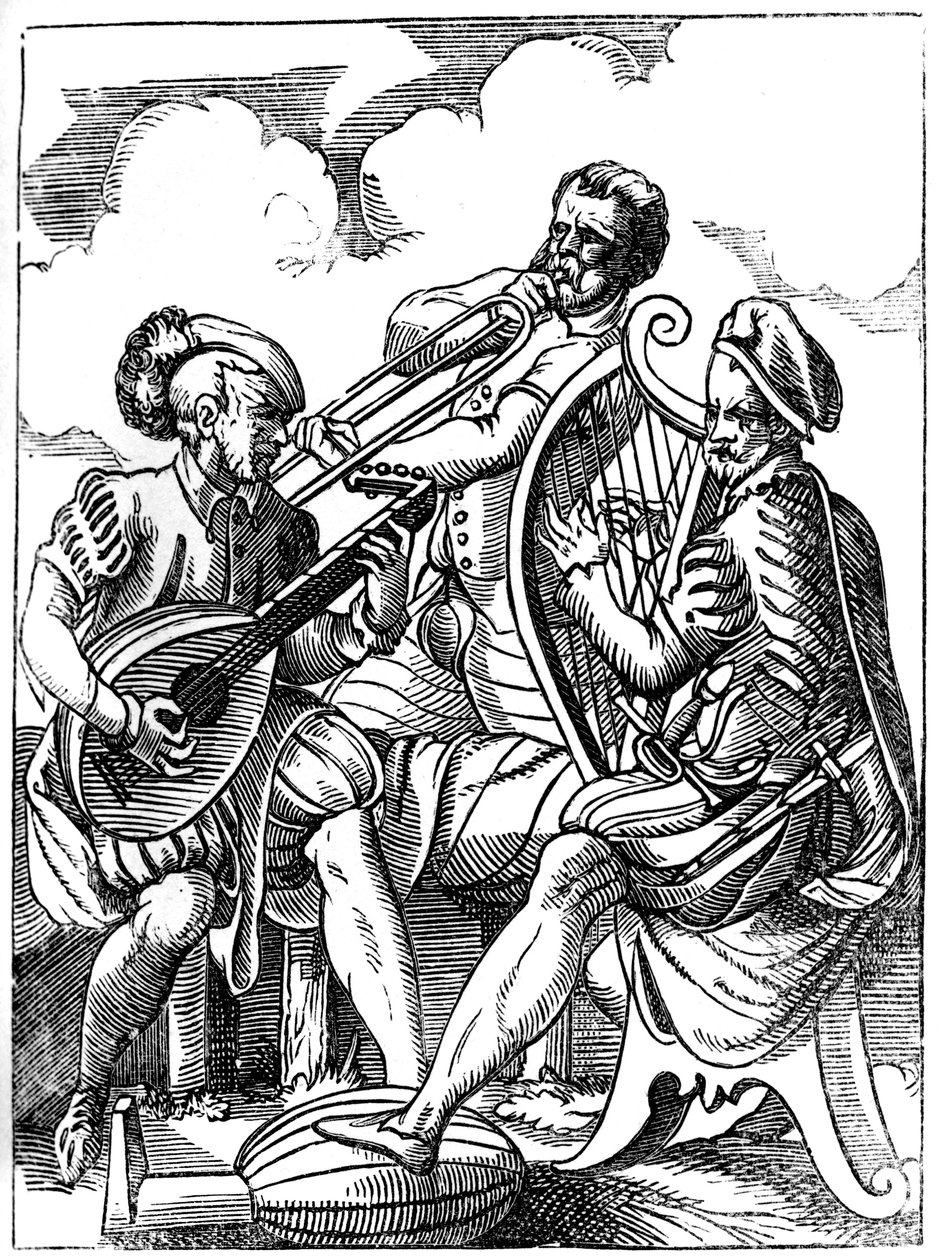 Um guitarrista, lutenista e trombone, século XVI, 1849. de Jost Amman