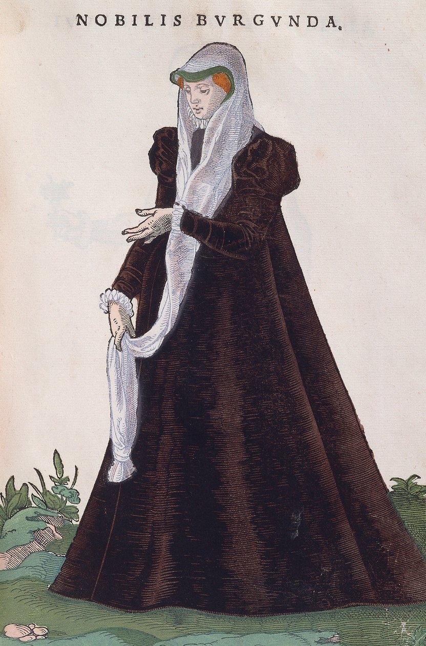 Mulher nobre borgonhesa em traje tradicional, gravura de Habitus praecipuorum popularum de Jost Amman