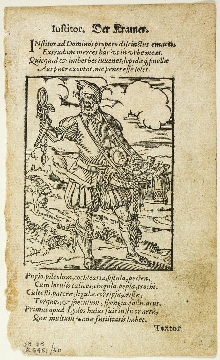 Der Kramer (O Mascate) de De omnibus illiberalibus sive Mechanicalis artibus de Hartmann Schopper, placa 50 de Xilogravuras de Livros do Século XVI de Jost Amman