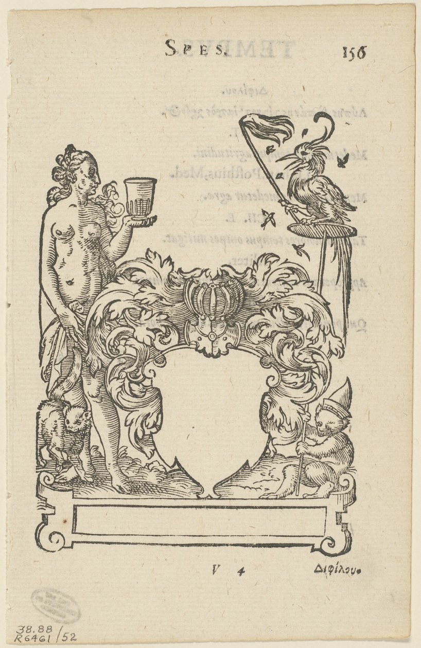Emblema com escudo heráldico em branco, fólio 156 da Antologia Gnomónica de Jost Amman