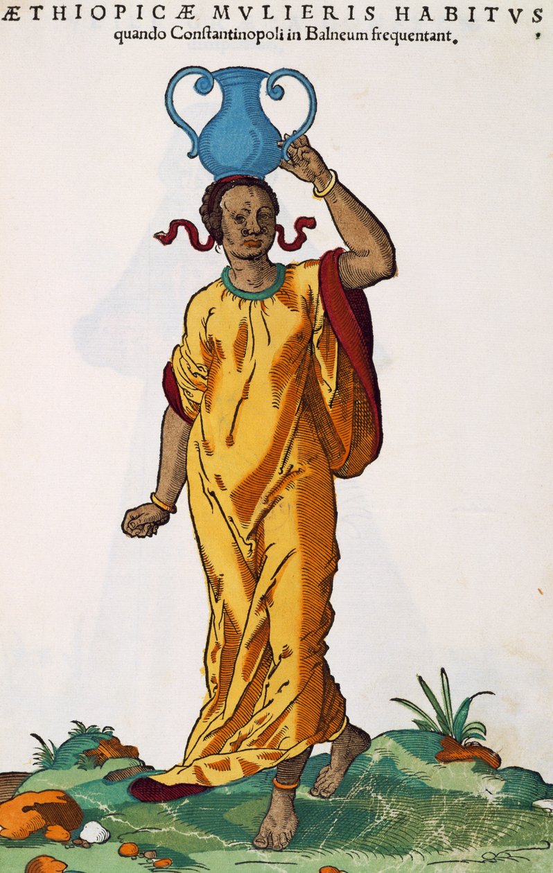 Mulher etíope, gravura de Hans Weigel Elder (activo 1549-1577) de pintura de Jost Amman (1539-1591), de Habitus praecipuorum populorum tam virorum quam foeminarum singulari arte depicti, Nuremberga de Jost Amman