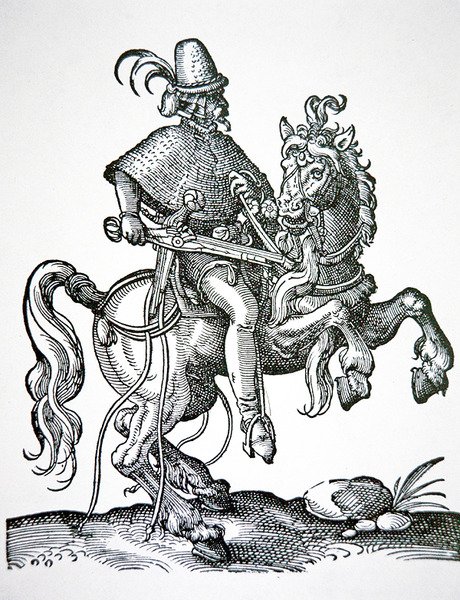 Soldado a cavalo com pistola de bloqueio de rodas, ilustração de 
