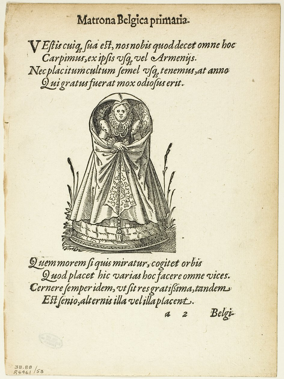 Matrona Belgica primaria (Matrona belga do primeiro escalão) de Gynaeceum, sive Theatrum Mulierum, placa 53 de xilogravuras de livros do século XVI de Jost Amman