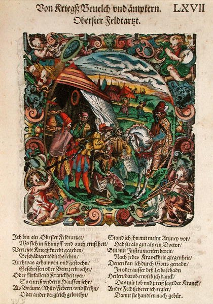 Cirurgia militar, de "Kriegsbuch dritter theil von Schantzen und Befestungen" de Leonhardt Fronsperger (c.1520-75) 1573 (xilogravura colorida) de Jost Amman