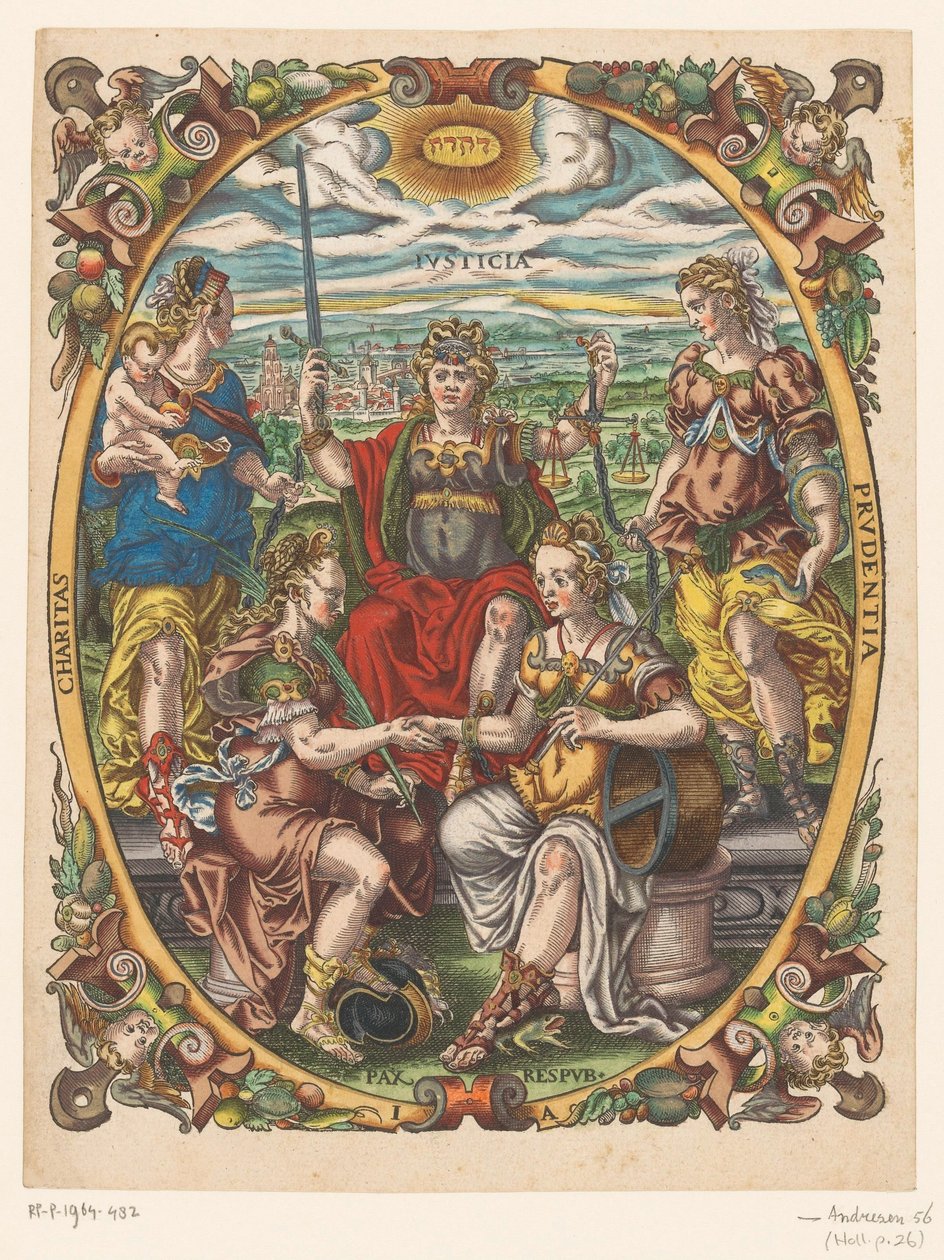 Personificaties van Justitia, Caritas, Prudentia, Pax en Republica de Jost Amman