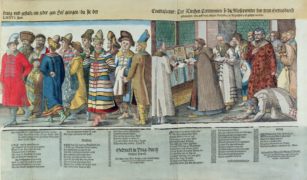 A Grande Embaixada de Ivan IV (1530-1584) da Rússia ao Sacro Imperador Romano em Regensburg em 1576 (xilogravura colorida) (detalhe) de Jost Amman