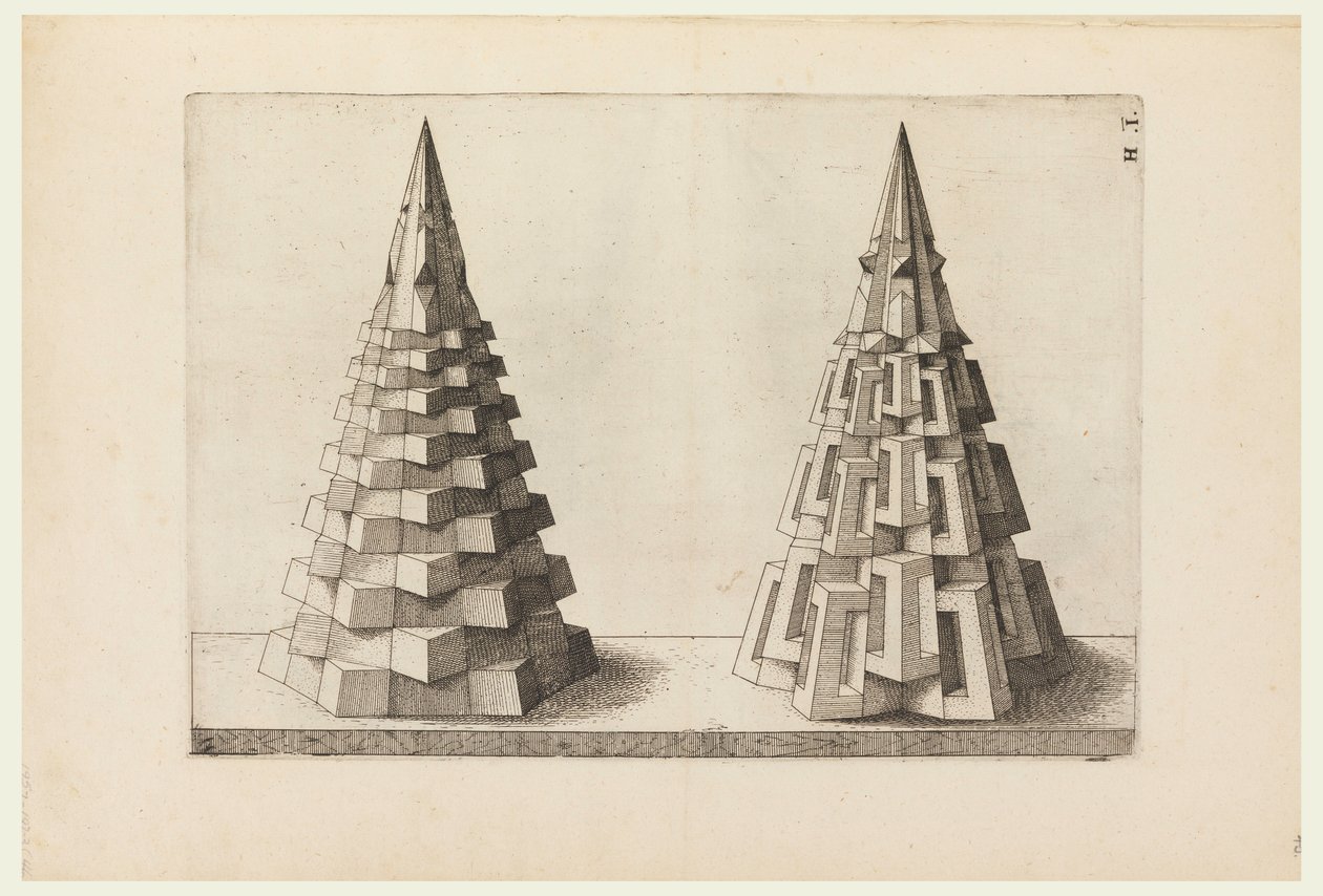Dois cones, placa H. em perspectiva. corpos regulares de Jost Amman